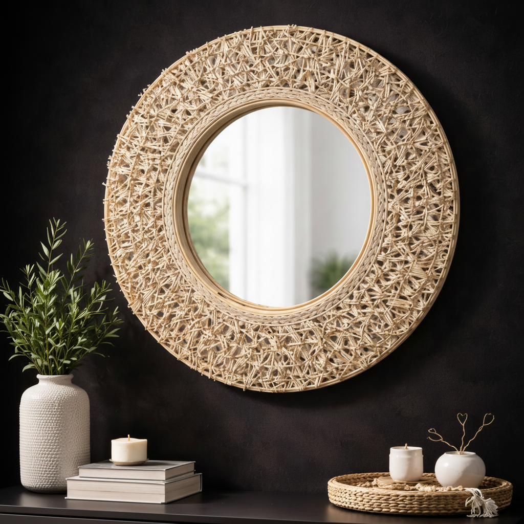 Round woven mirror on a dark wall with decorative items below. Hadi Craft USA