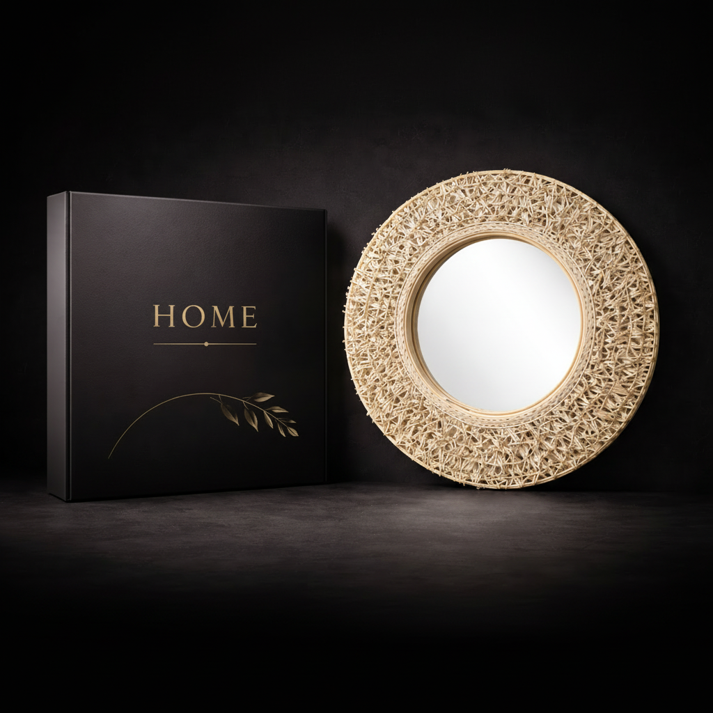 Round woven mirror next to a black 'HOME' branded box on a dark background Hadi Craft USA