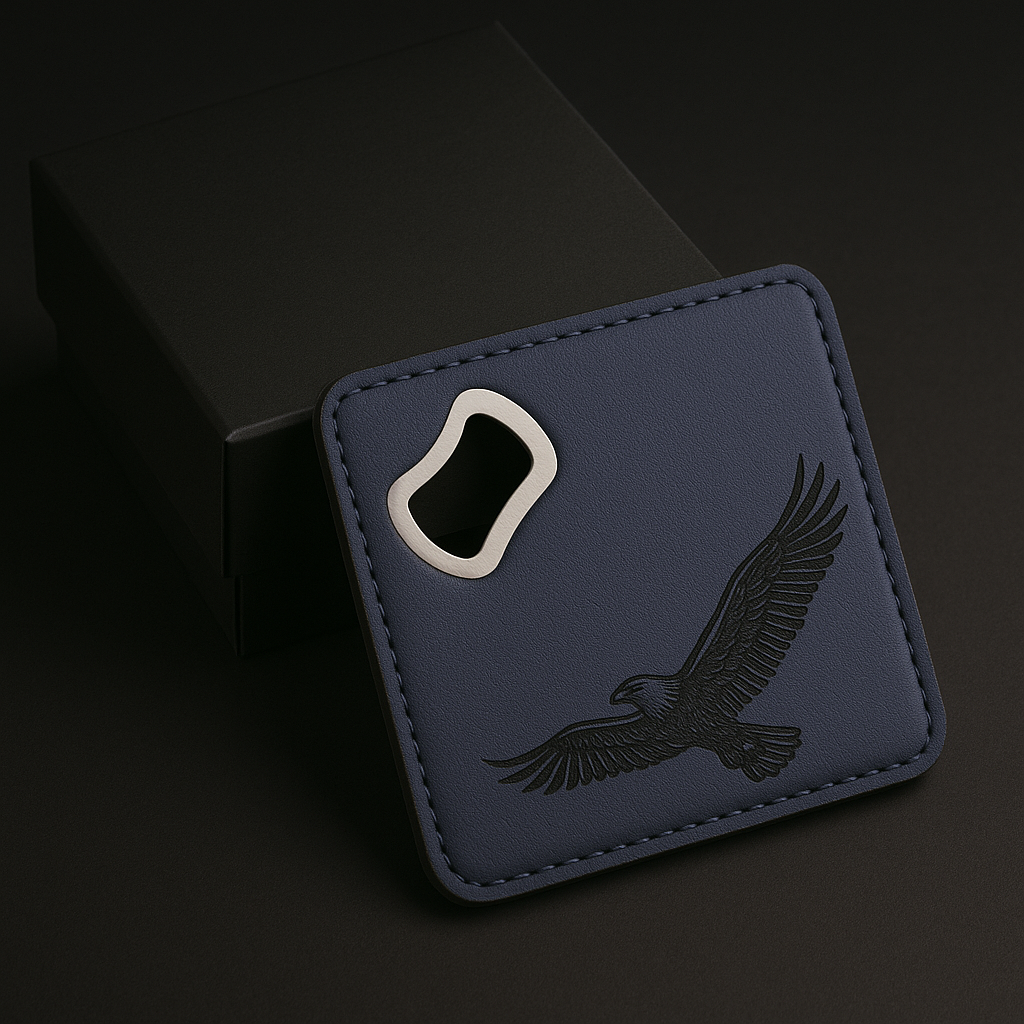 Leather Blue coaster wit engraving and bottle opener with Customize -  Coaster