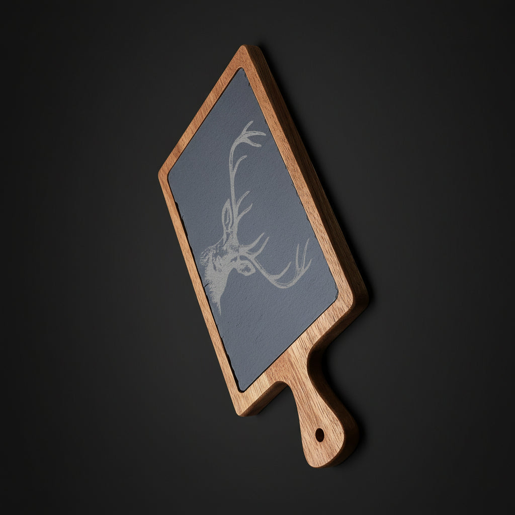 Engraved Deer Charcuterie Board with Slate – Acacia Wood Cheese Board with Knives | Rustic Serving Board (Multiple Styles)