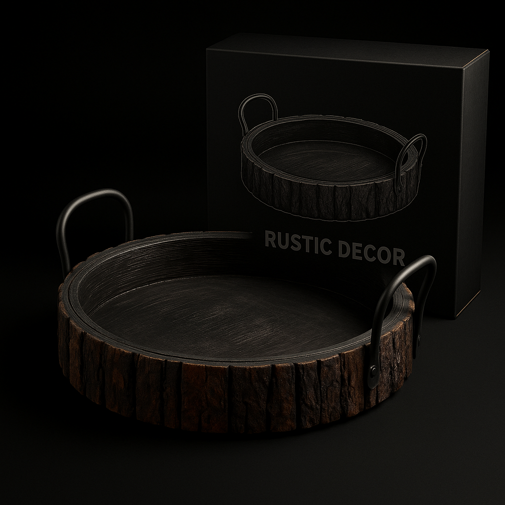 Handmade Mango Wood Round Serving Tray with Black Metal Handles