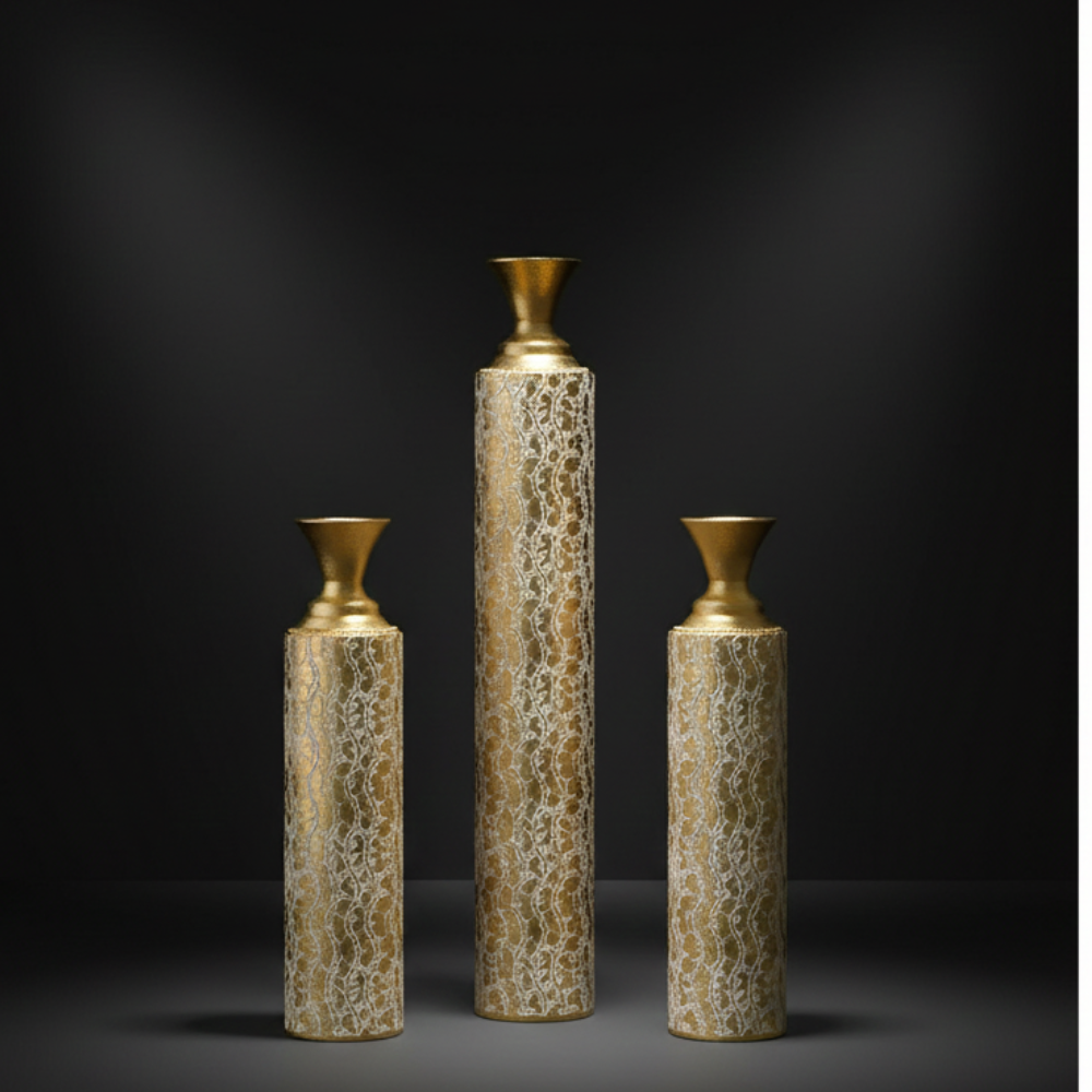 Set of 3 Gold & White Metal Floor Vases Distressed Vine Pattern Tall Decorative Cylinder Vase Set for Living Room