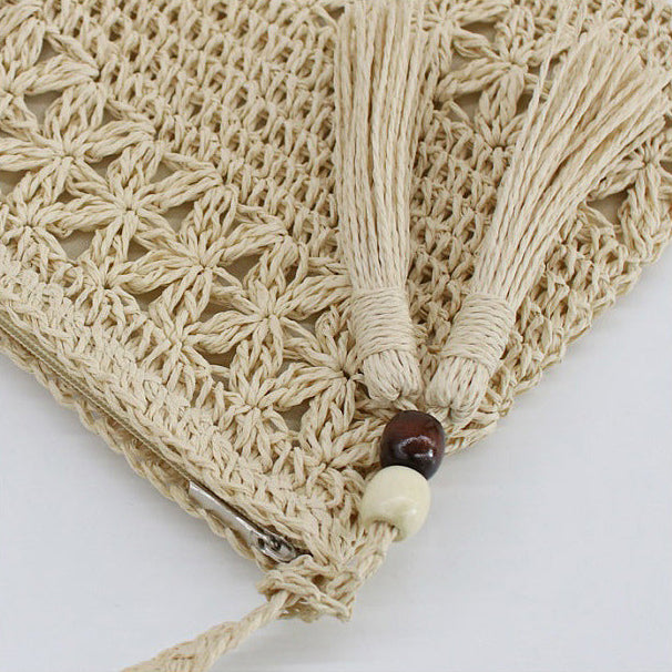 Bead Tassel Straw Bag Hollow Out Cutout Floral Crossbody Bag