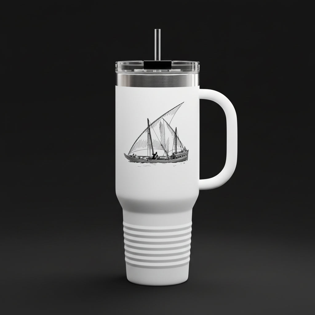40oz Insulated Travel Mug with Handle – Stainless Steel Tumbler with Classic Sailing Dhow Design