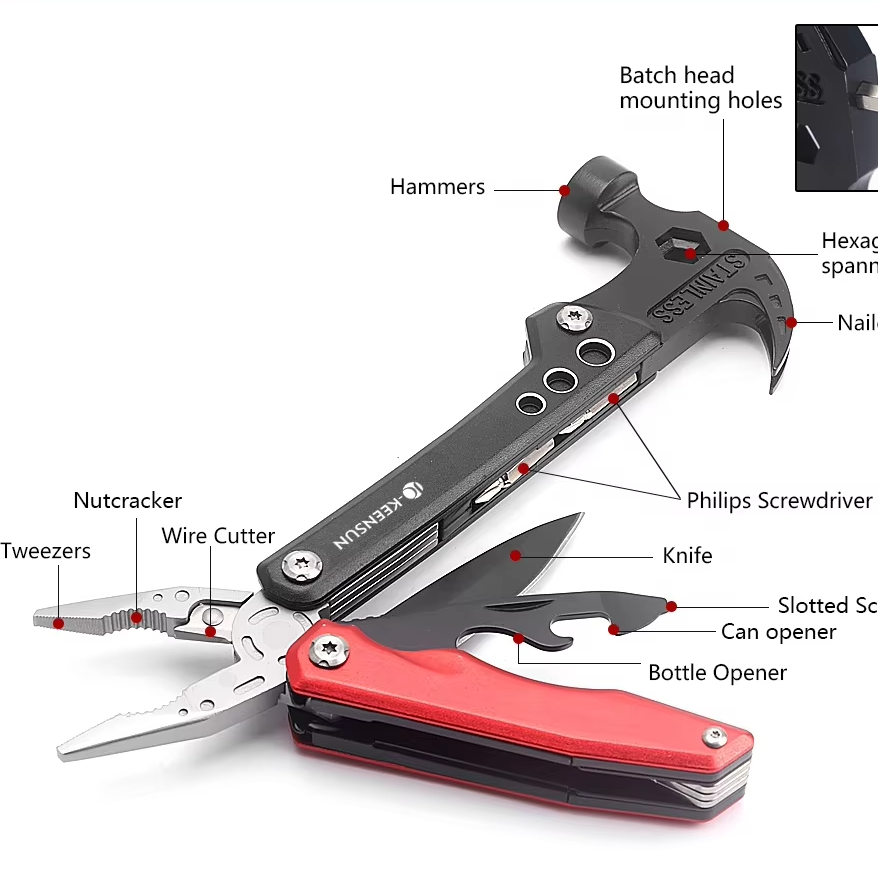 Multifunction Camping Hammer Tool | Stainless Steel Multi-Purpose Combo Hammer with Screwdriver & Pliers