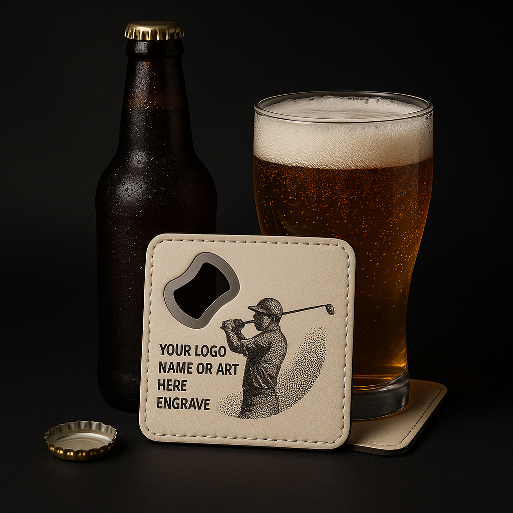 Leather Coaster and Bottle Opener with customize Engraving -  Coaster