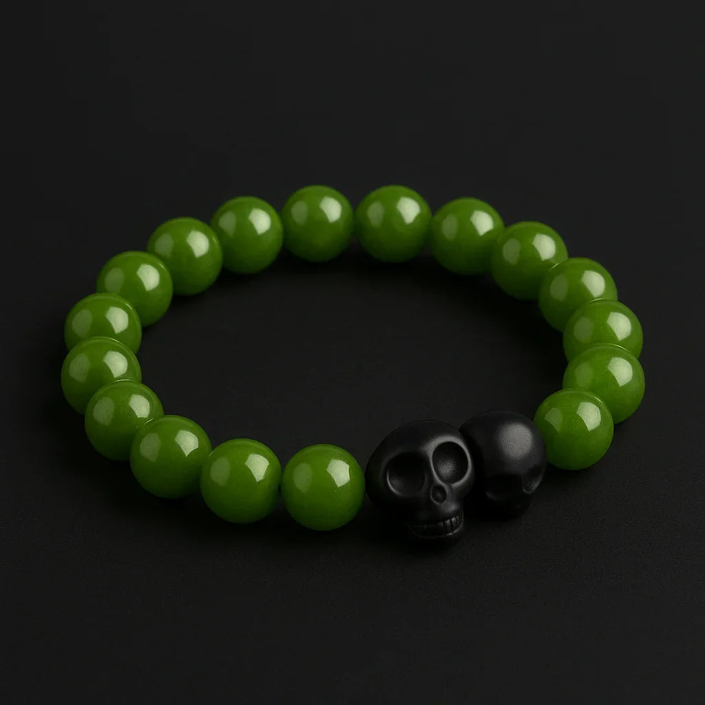 Handmade Natural Green and black Skull stone Bead Bracelet Hadi Craft
