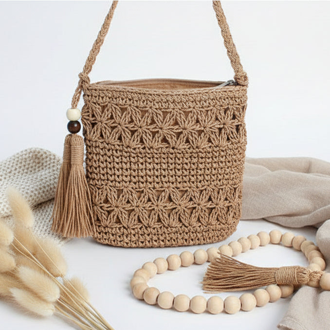 Bead Tassel Straw Bag Hollow Out Cutout Floral Crossbody Bag