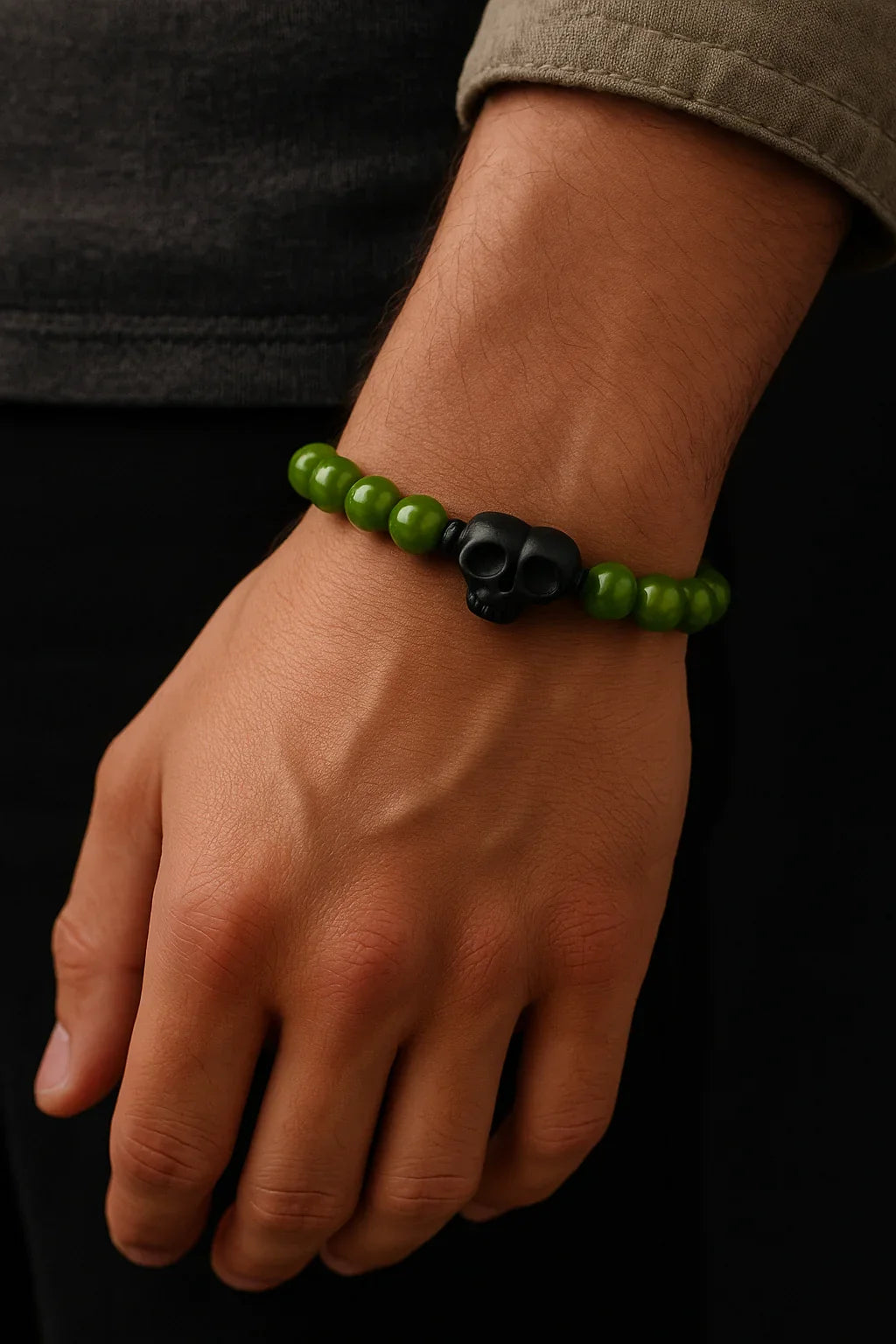 Handmade Natural Green and black Skull stone Bead Bracelet Hadi Craft