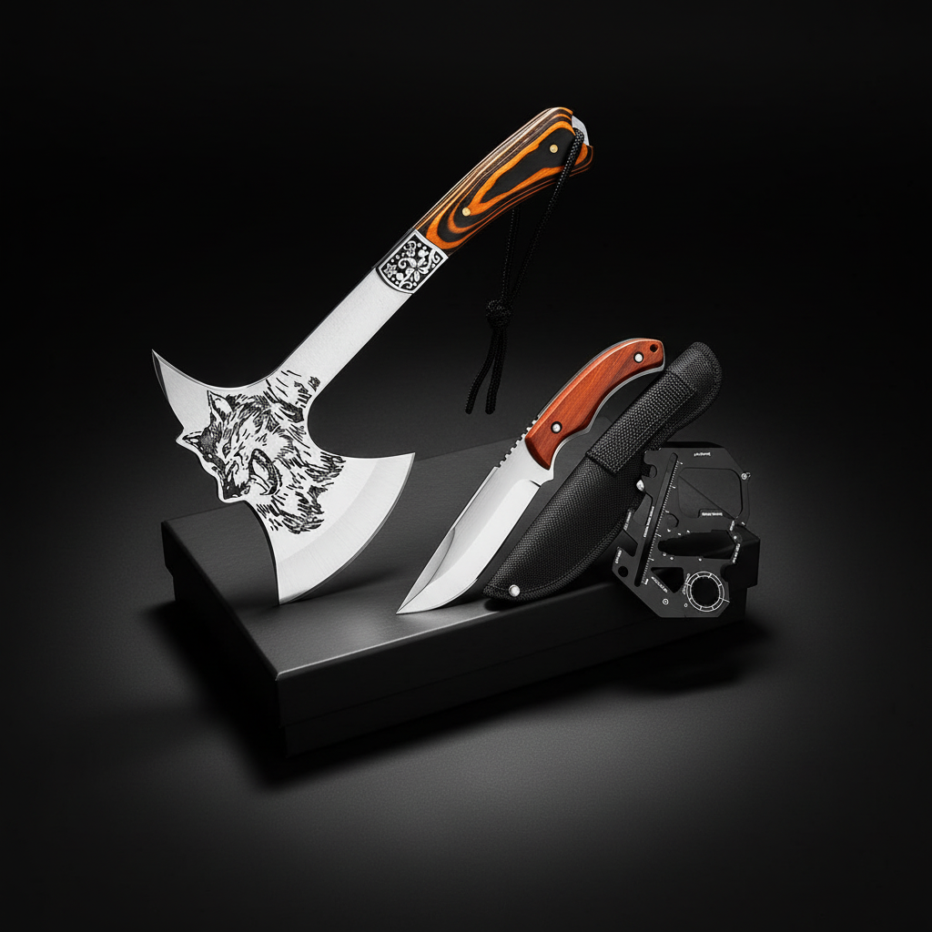 Outdoor Tactical Axe Multi-Functional Camping Tool | Solid Wood Handle Hatchet | Non-Slip Survival Axe for Camping, BBQ & Hiking