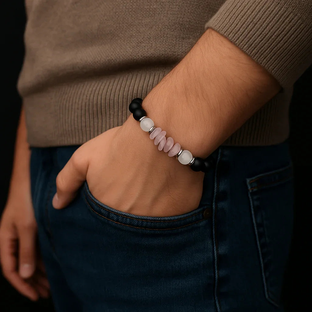 Handmade Natural black onyx and pink chip stone Bead Bracelet Hadi Craft