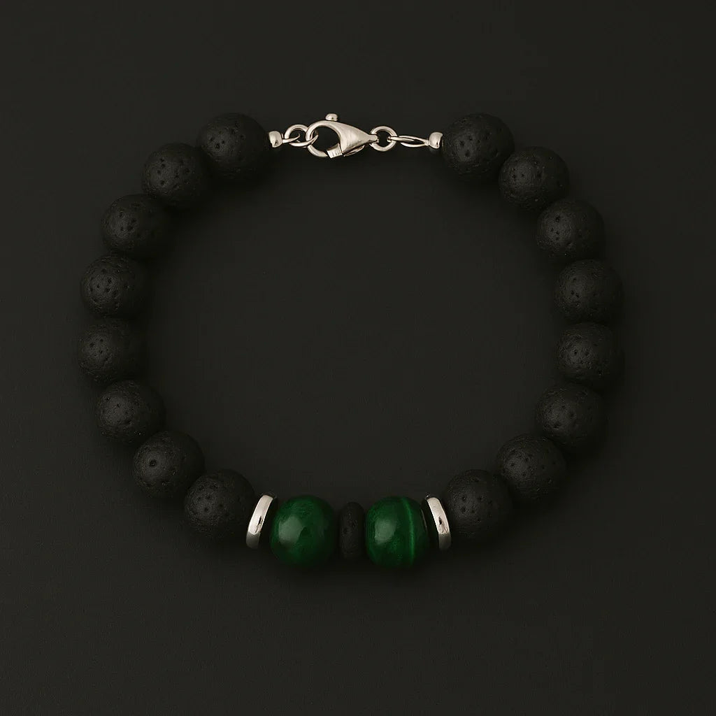Natural black Lava and Green Tiger Eye stone Bead Bracelet Hadi Craft