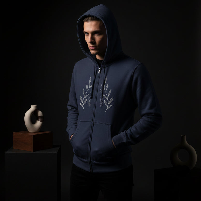 Laurel Branch Zip-Up Hoodie — Minimal Botanical Green Fleece Hoodie