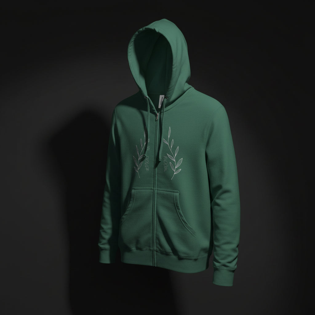 Laurel Branch Zip-Up Hoodie — Minimal Botanical Green Fleece Hoodie