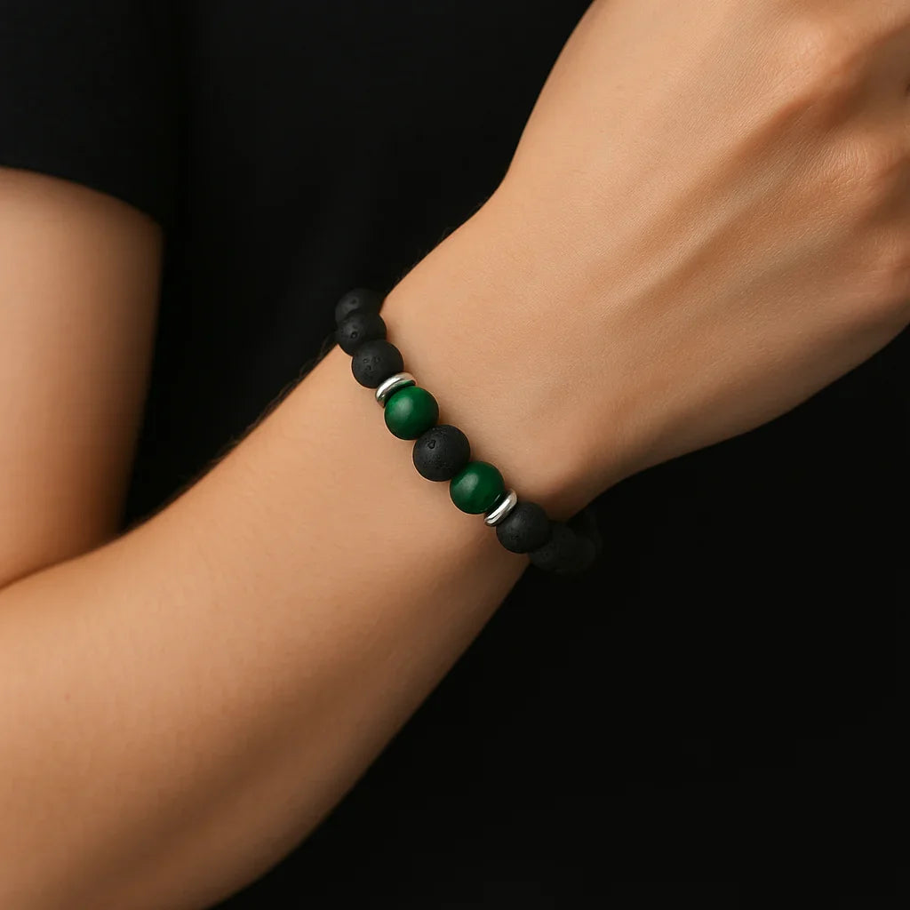 Natural black Lava and Green Tiger Eye stone Bead Bracelet Hadi Craft