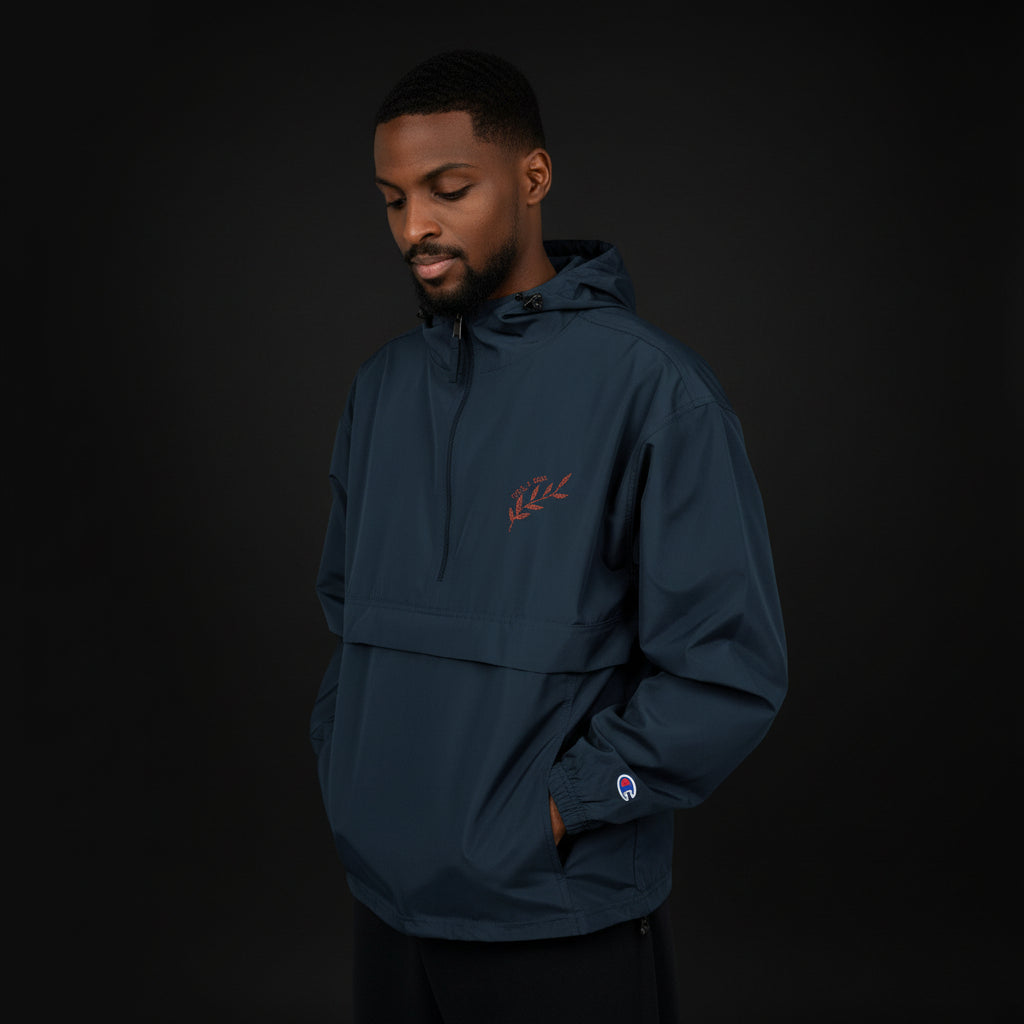 Light Blue Packable Anorak Jacket — Champion Floral Swoosh Windbreaker