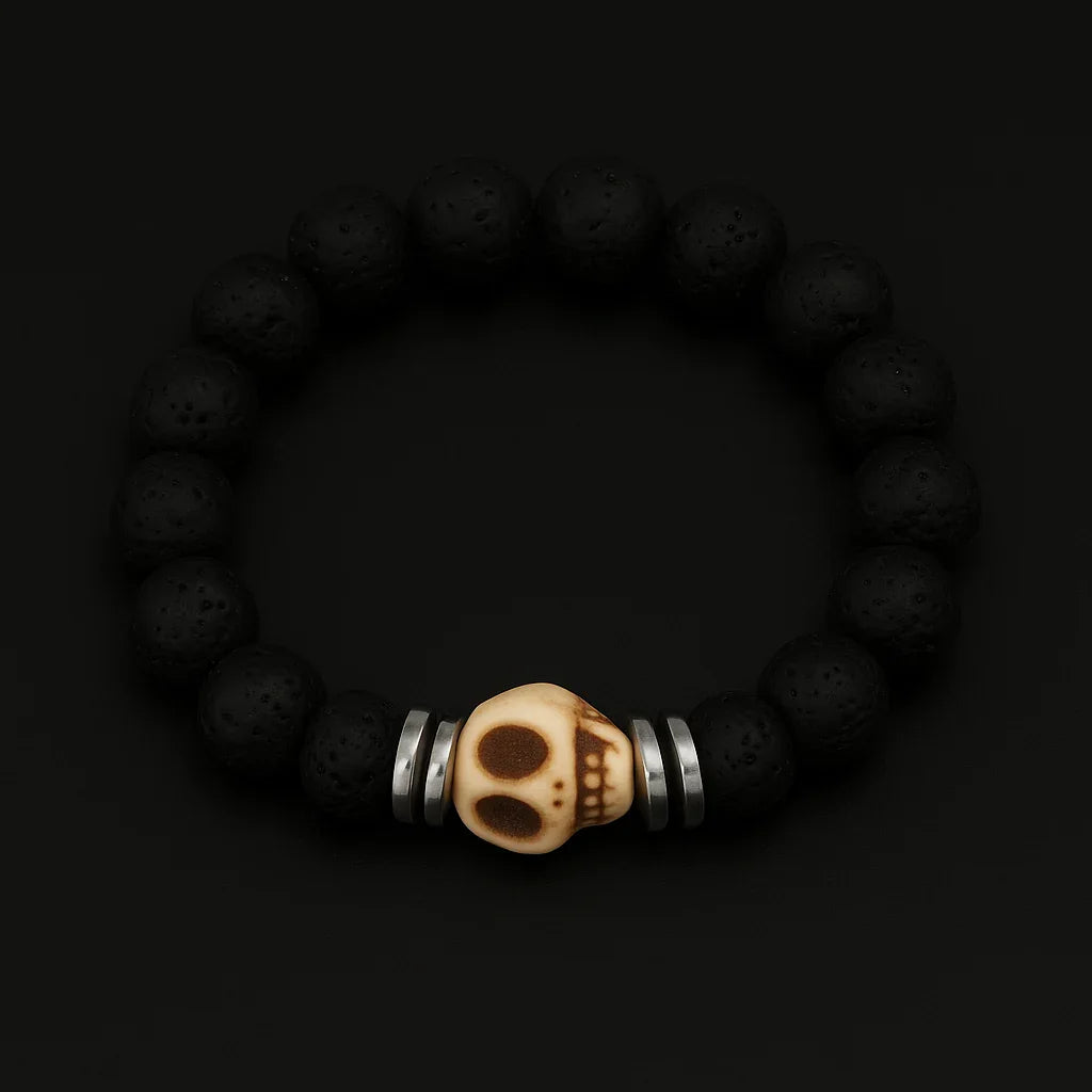 Natural black Lava and white skull stone Bead Bracelet Hadi Craft