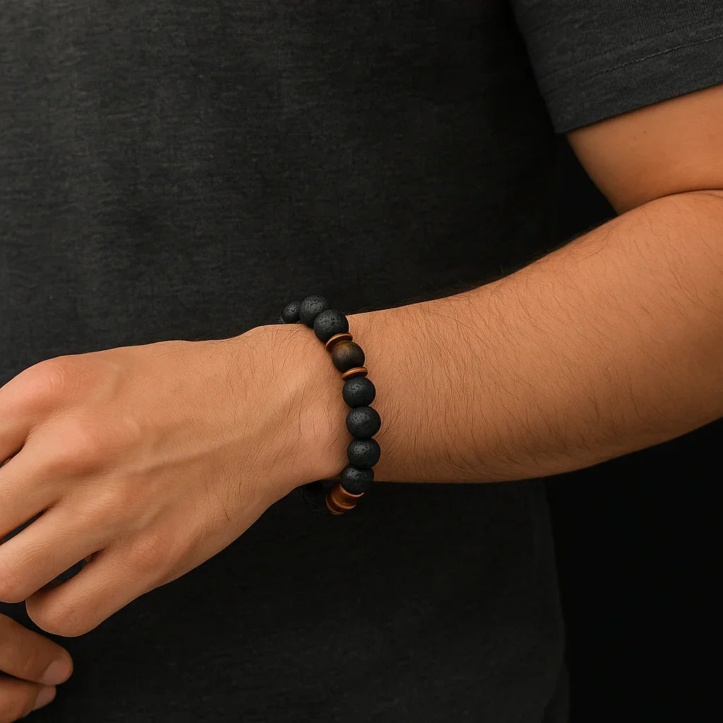 Black Lava and Tiger eye stone Bead Bracelet Hadi Craft