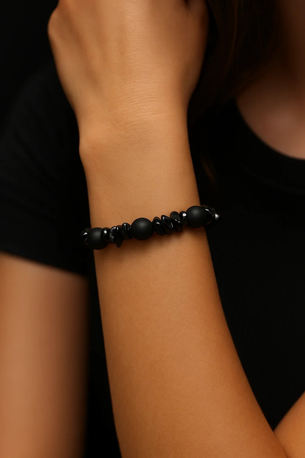 Black Onyx and black chip stone Bead Bracelet Hadi Craft
