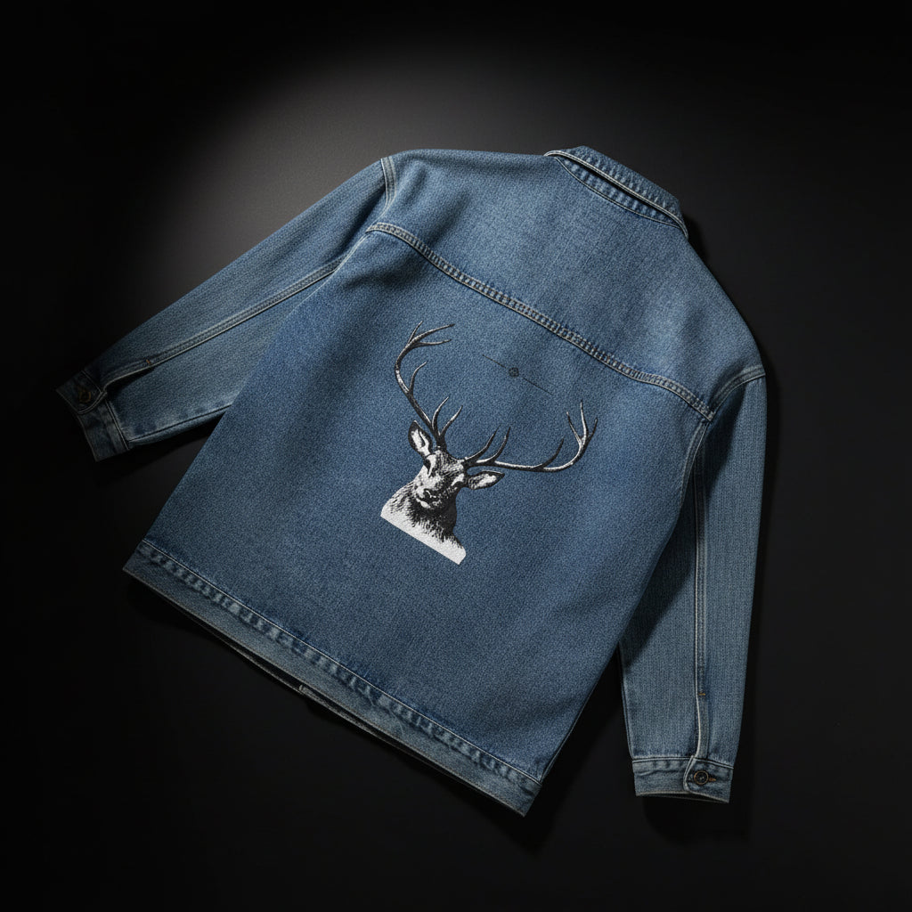 Women’s Jean Jacket with Rustic Stag Back Print — Vintage Stag Deer Graphic Back