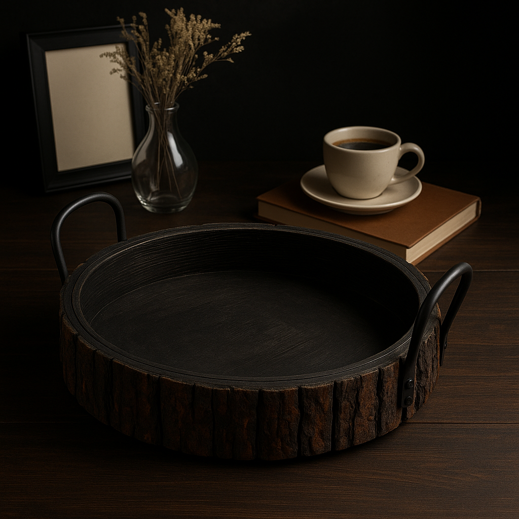 Handmade Mango Wood Round Serving Tray with Black Metal Handles