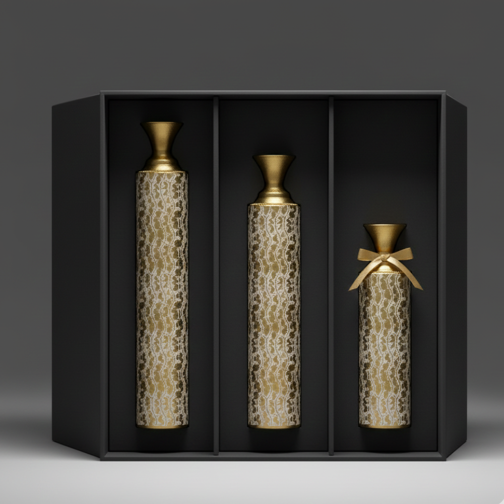 Set of 3 Gold & White Metal Floor Vases Distressed Vine Pattern Tall Decorative Cylinder Vase Set for Living Room