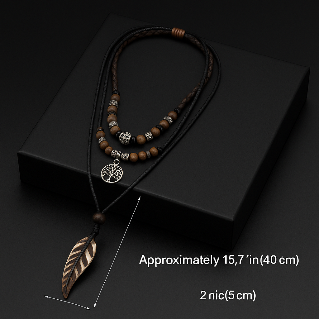 Handmade Feather Pendant Necklace – Boho Layered Leather Cord Necklace