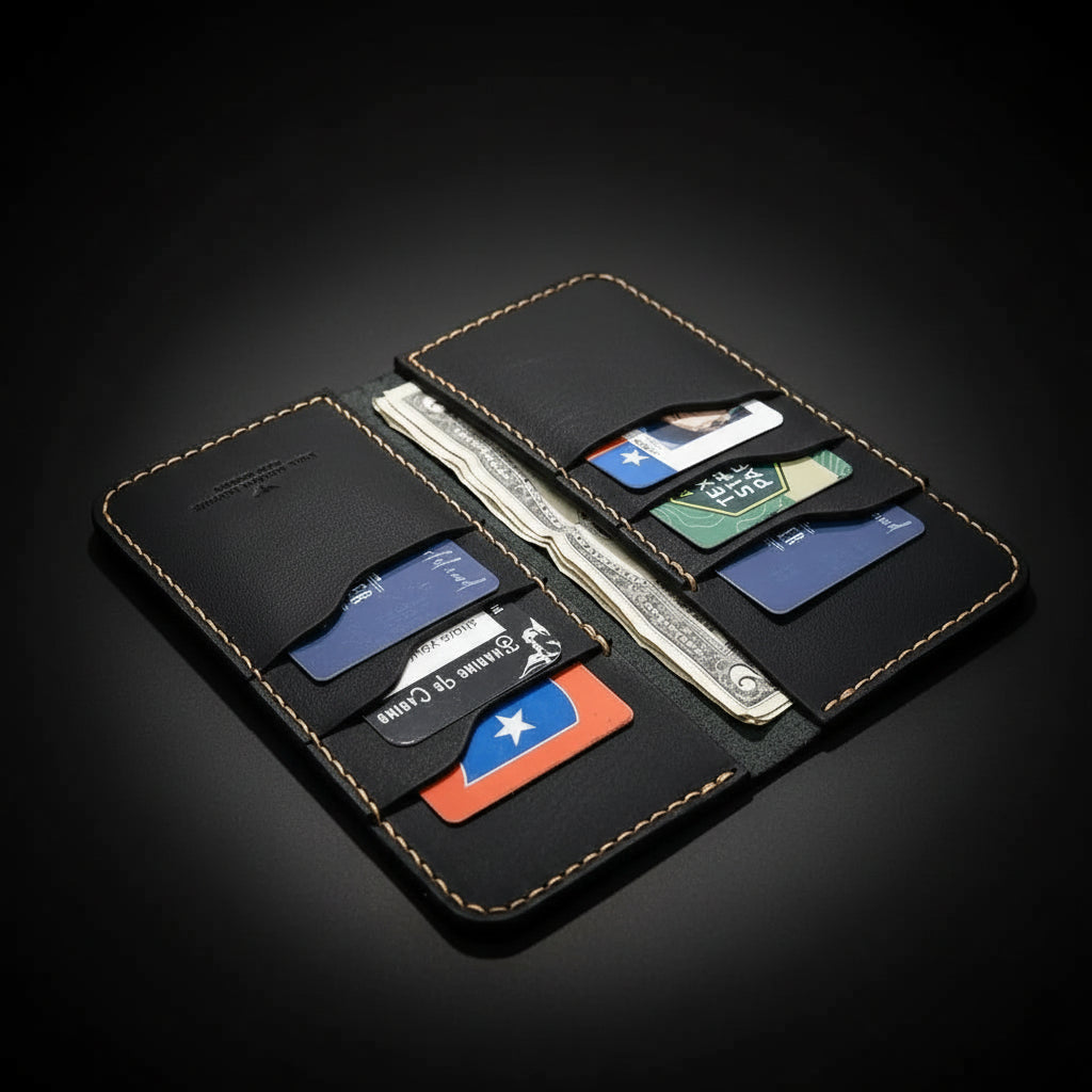 Black leather wallet with cards and money on a wooden surface Hadi Craft USA