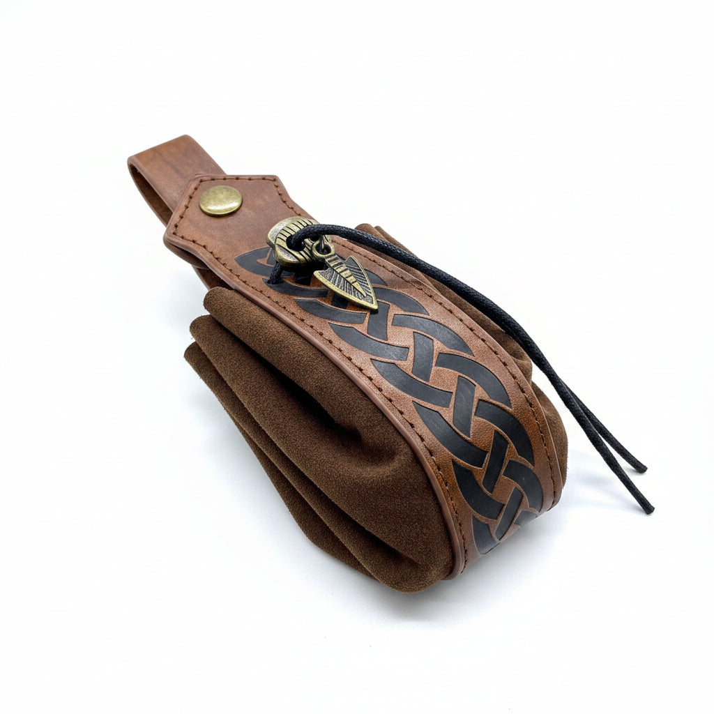 Medieval Viking Leather Sling Bag – Nordic Embossed Coin Purse for Men