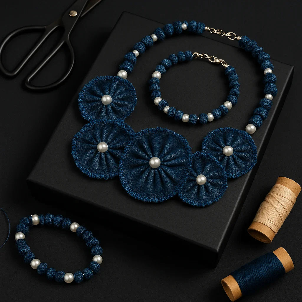 Handmade Denim Necklace and Bracelet set Hadi Craft
