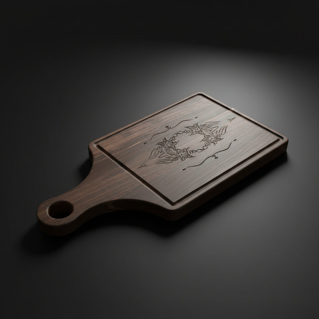 Wooden cutting board with handle on a white background Hadi Craft USA