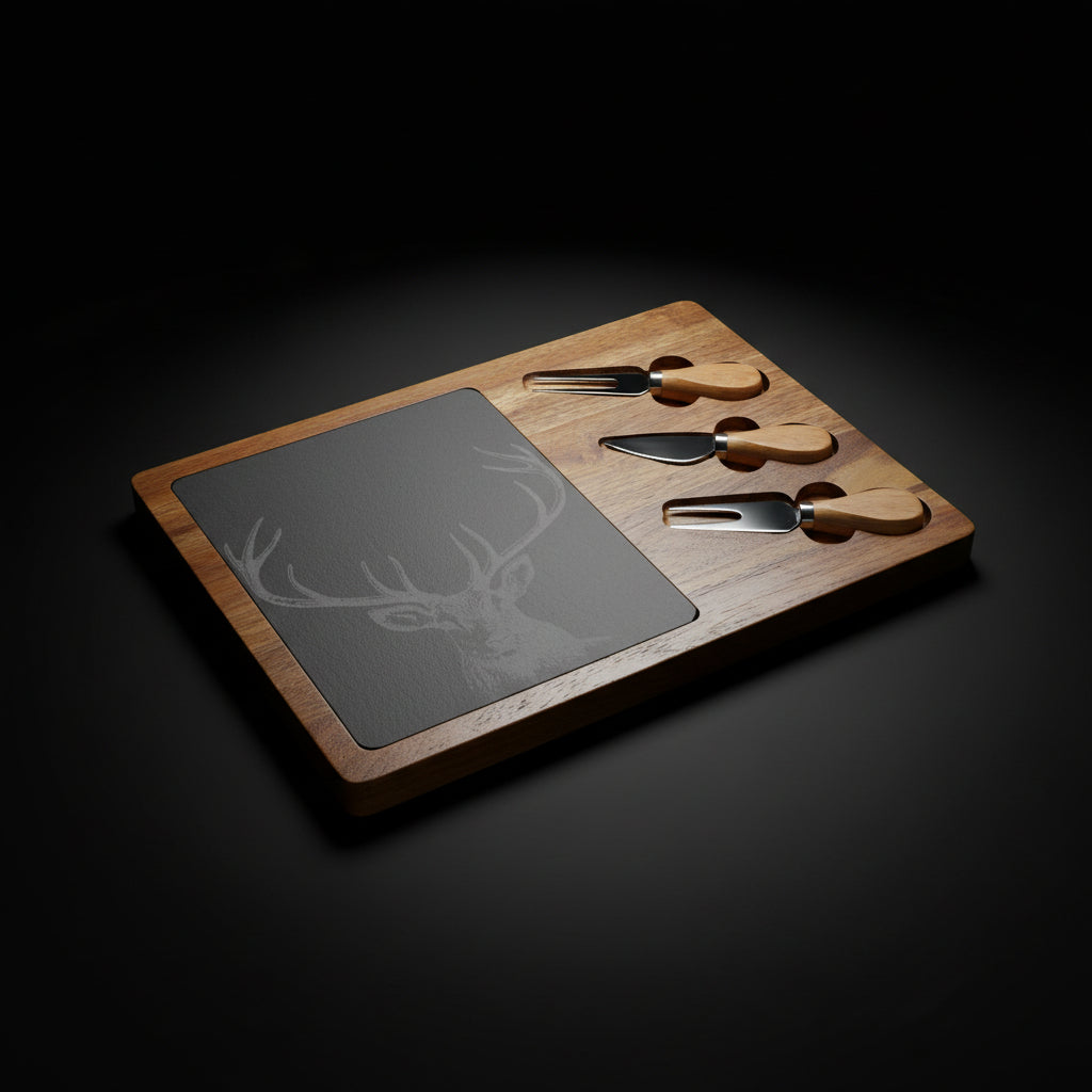 Engraved Deer Charcuterie Board with Slate – Acacia Wood Cheese Board with Knives | Rustic Serving Board (Multiple Styles)
