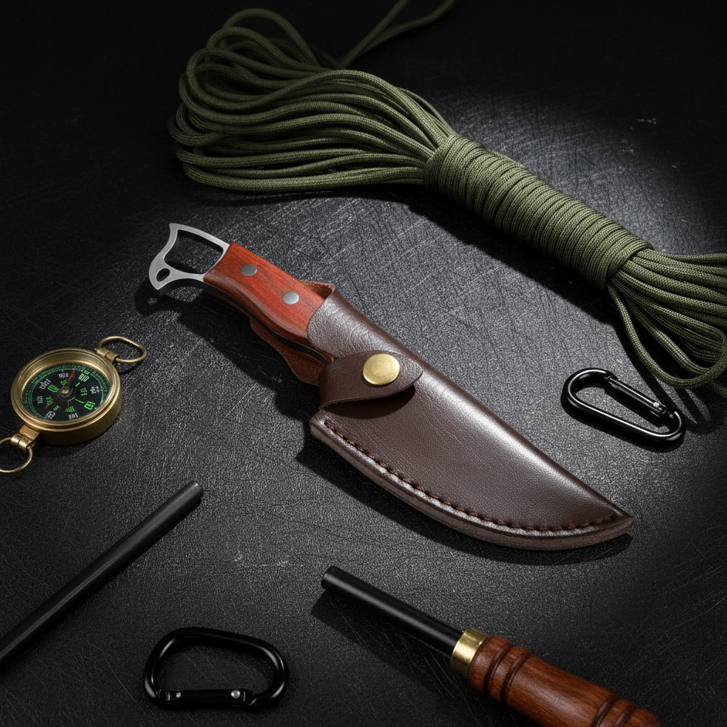 Sharp Edge Full Tang Fixed Blade Hunting Knife | Wooden Handle Outdoor Camping Knife with PU Leather Sheath