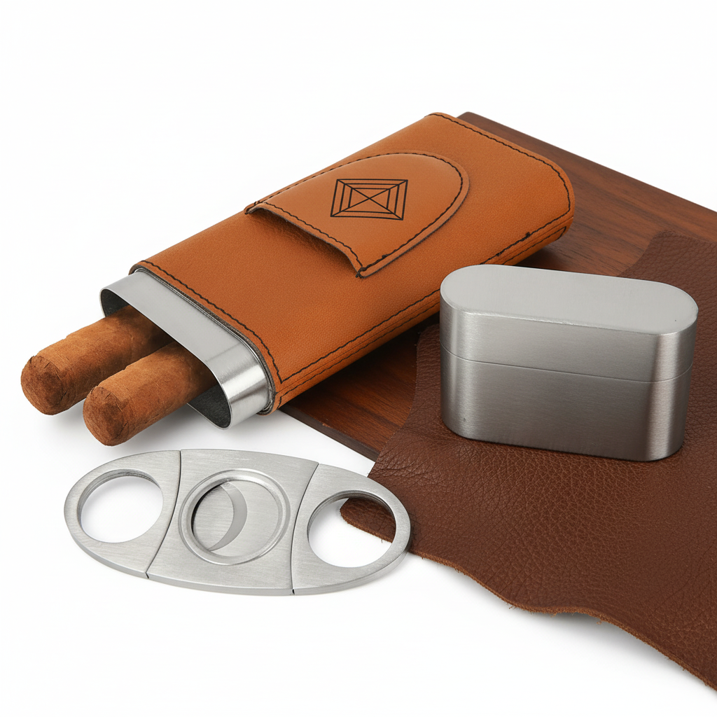 Laserable Leatherette Cigar Case with Cutter – Personalized Engraving