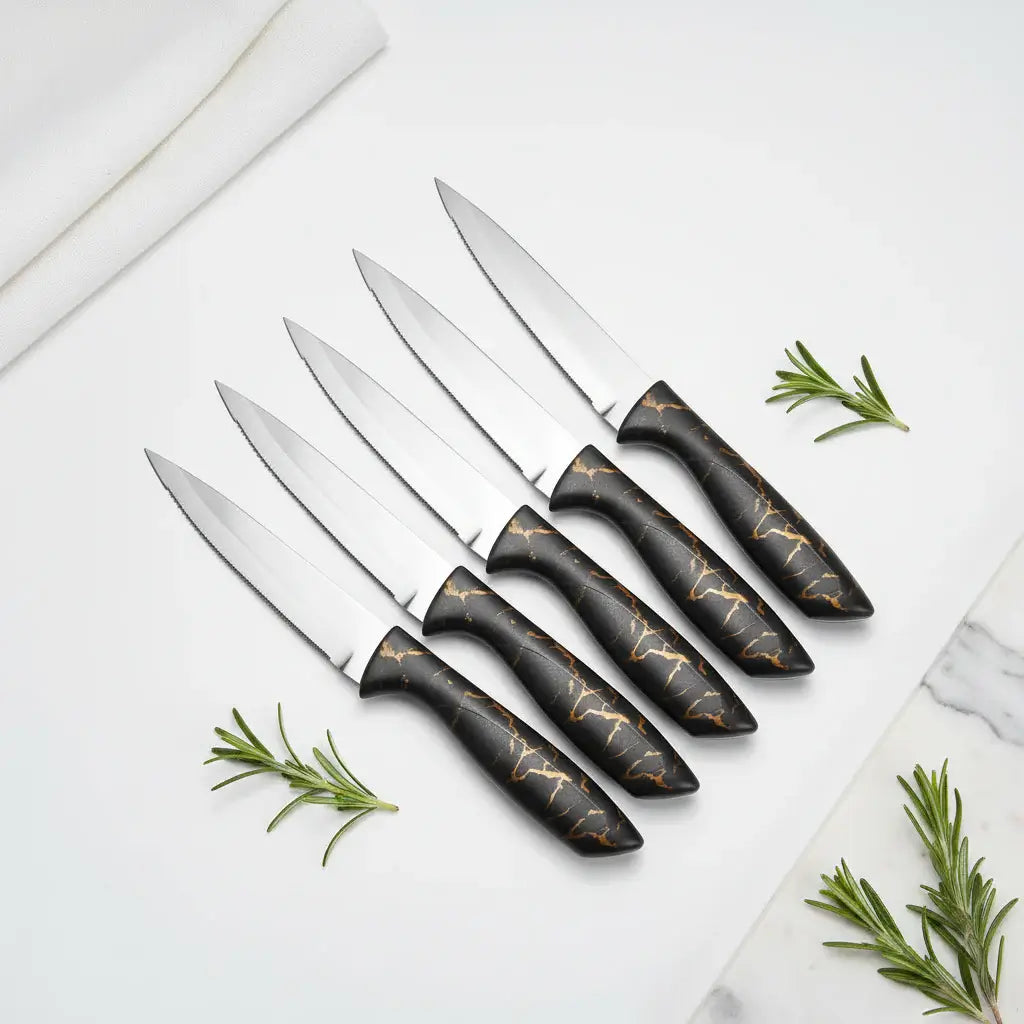 6-Piece 3Cr13 Stainless Steel Steak Knife Set with Marble-Pattern Handles - Hadi Craft