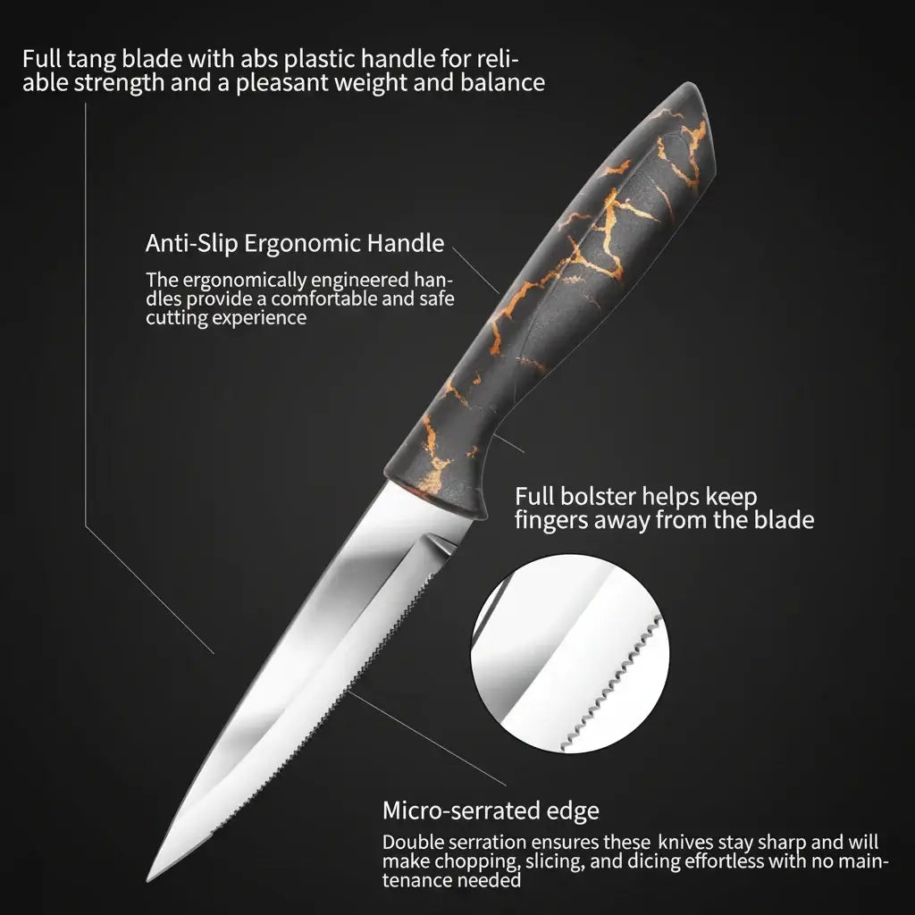 6-Piece 3Cr13 Stainless Steel Steak Knife Set with Marble-Pattern Handles - Hadi Craft