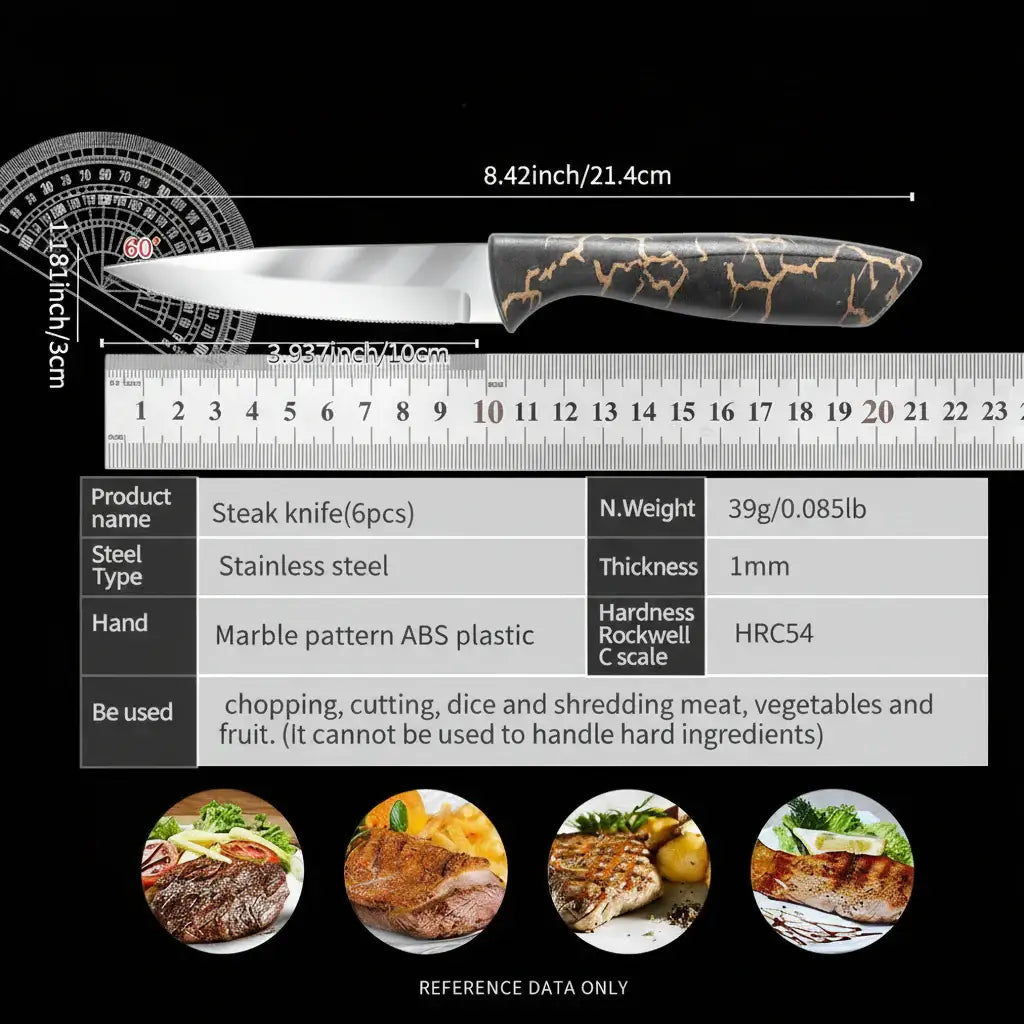 6-Piece 3Cr13 Stainless Steel Steak Knife Set with Marble-Pattern Handles - Hadi Craft