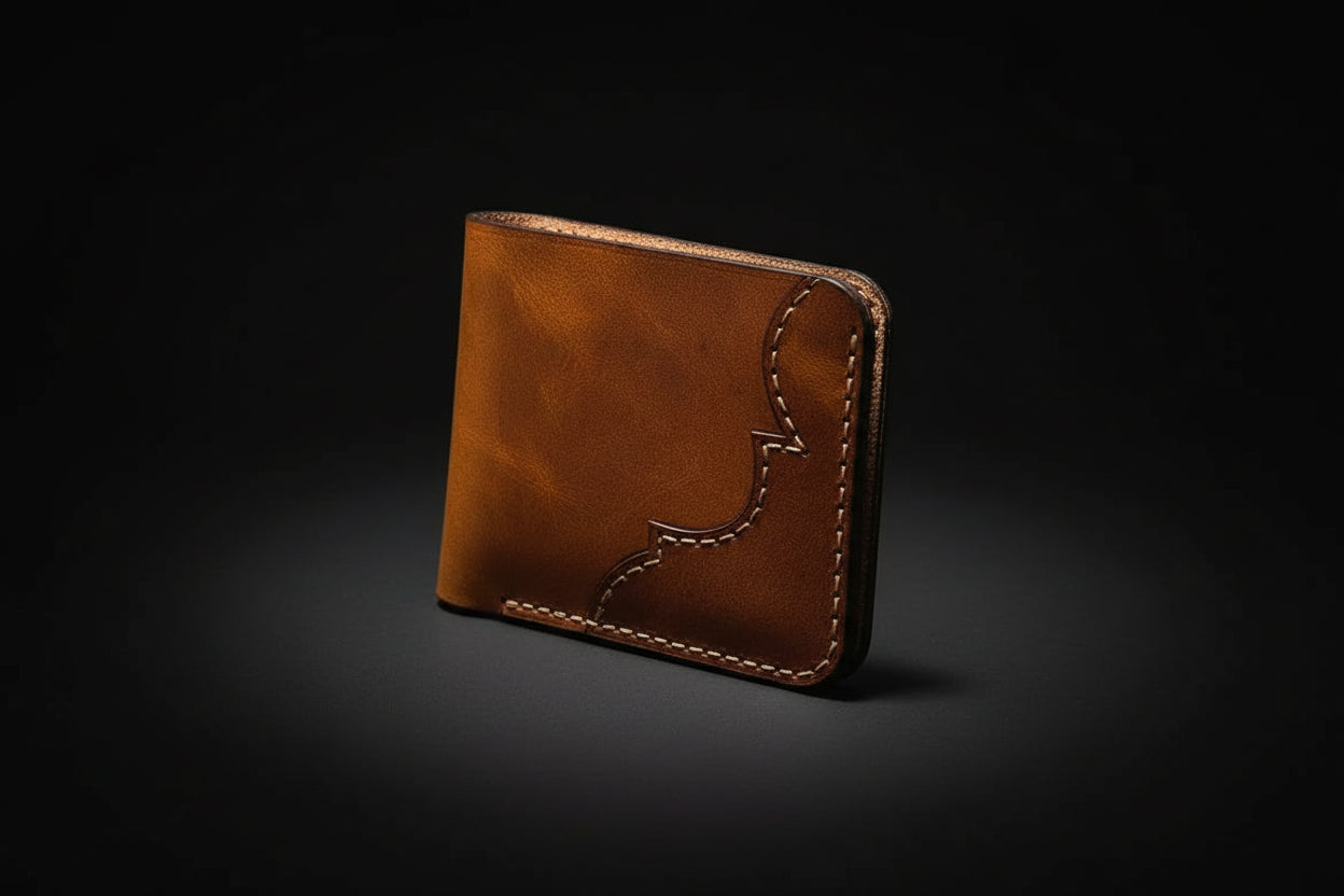 Handmade tan leather bifold wallet with stitched edges on black background, premium minimalist men’s wallet by Hadi Craft USA