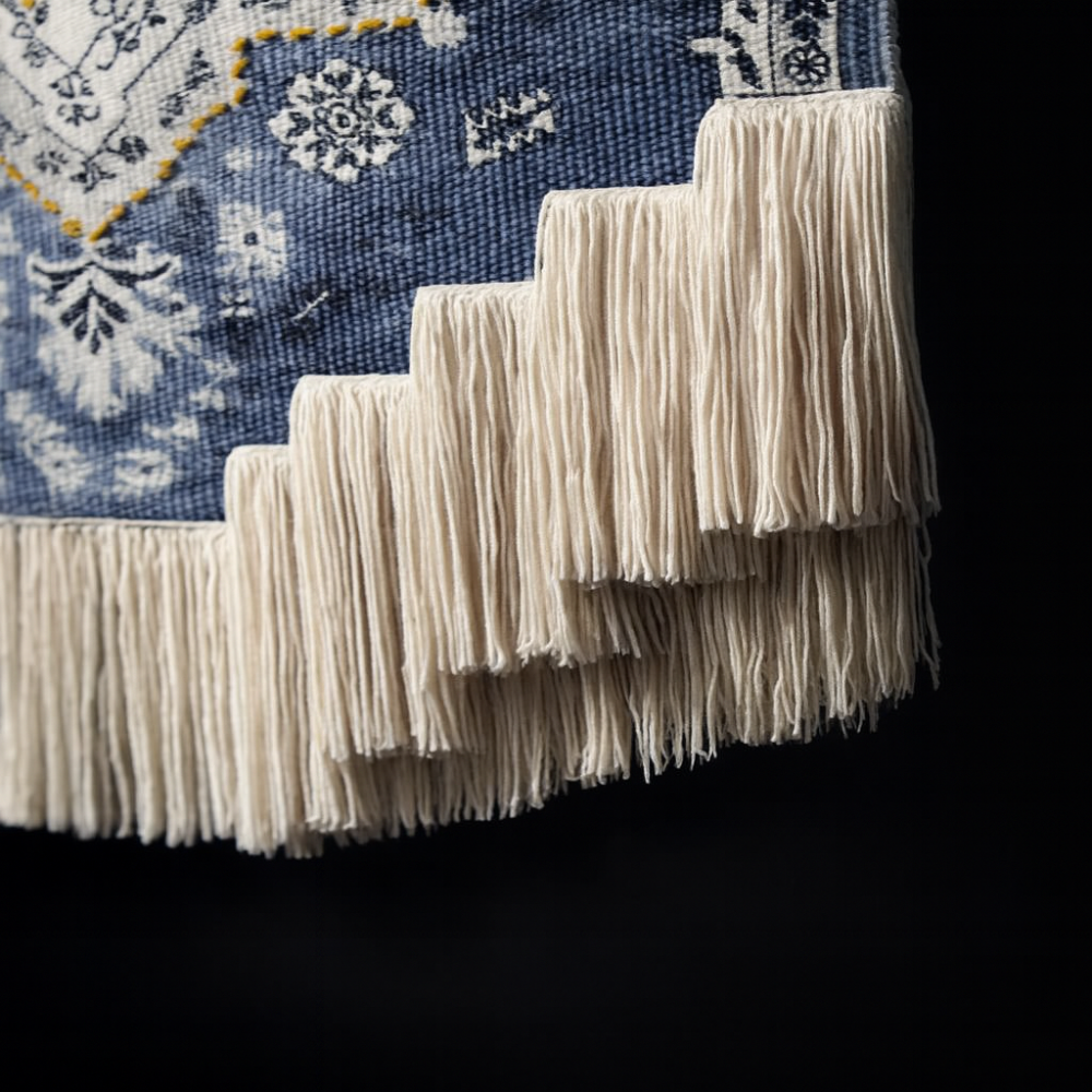 Blue and White Floral Macrame Wall Tapestry Hand-Knot Cotton Flower Pattern Art