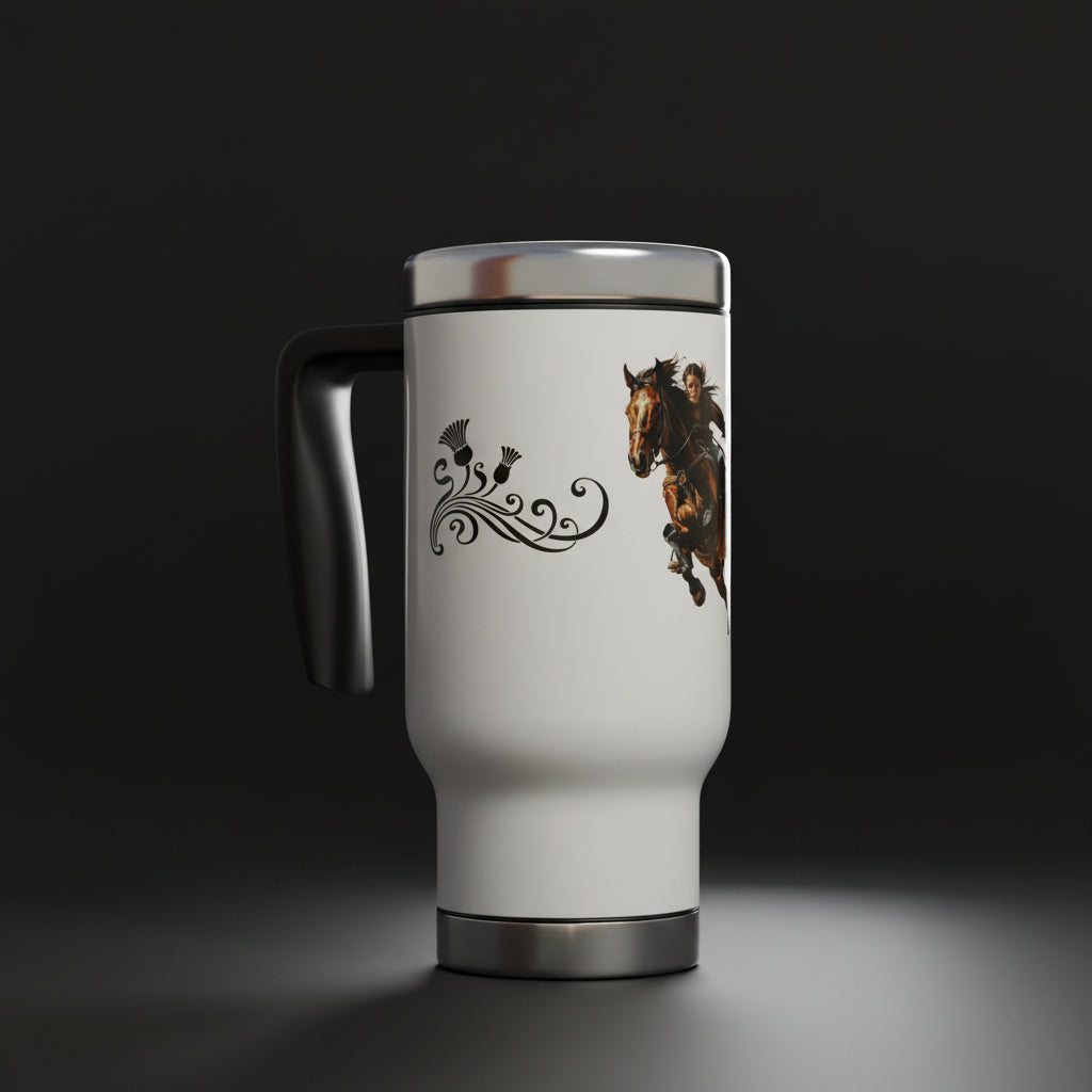 Horse Rider Travel Mug 14oz – Stainless Steel Insulated Tumbler with Handle | Spill-Resistant BPA-Free Mug for Equesestrians