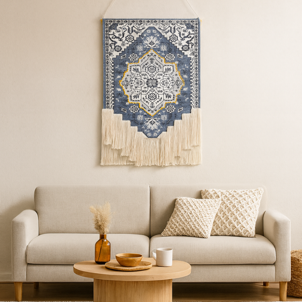 Blue and White Floral Macrame Wall Tapestry Hand-Knot Cotton Flower Pattern Art
