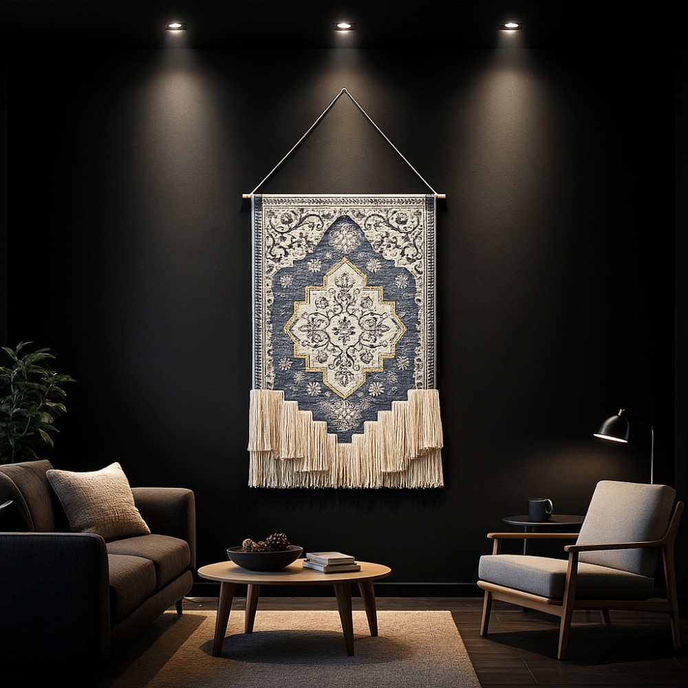 Blue and White Floral Macrame Wall Tapestry Hand-Knot Cotton Flower Pattern Art