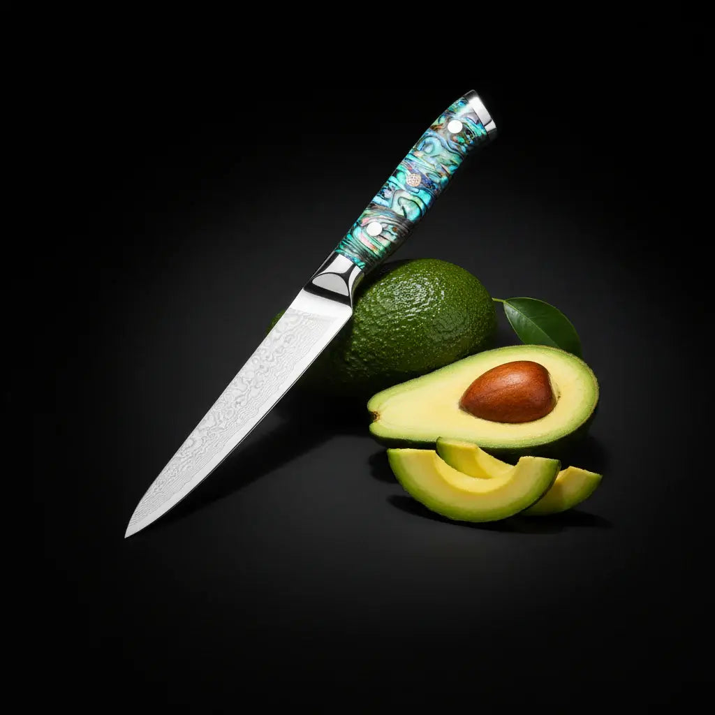 67 layer damascus steel utility knife abalone Hadi Craft USA