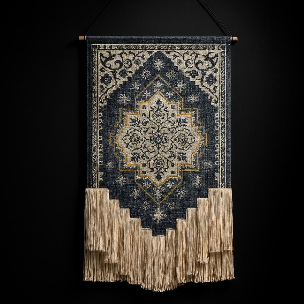 Blue and White Floral Macrame Wall Tapestry Hand-Knot Cotton Flower Pattern Art