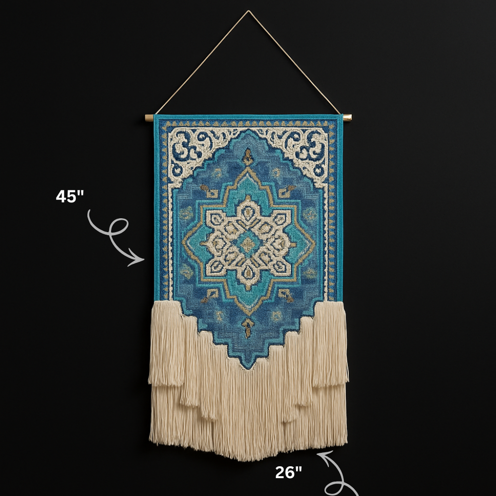 Aqua & Ivory Floral Macrame Wall Hanging, Blue Cotton Woven Flower Tapestry