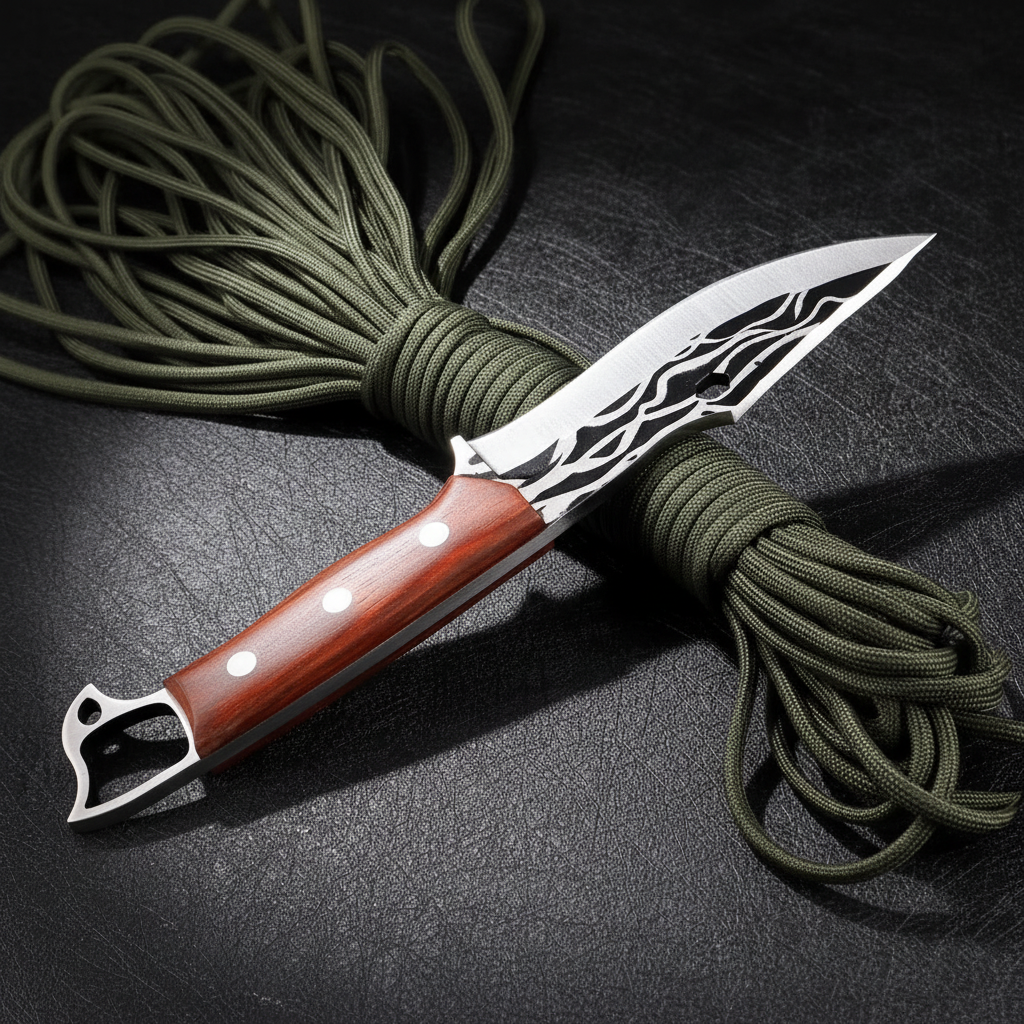 Sharp Edge Full Tang Fixed Blade Hunting Knife | Wooden Handle Outdoor Camping Knife with PU Leather Sheath