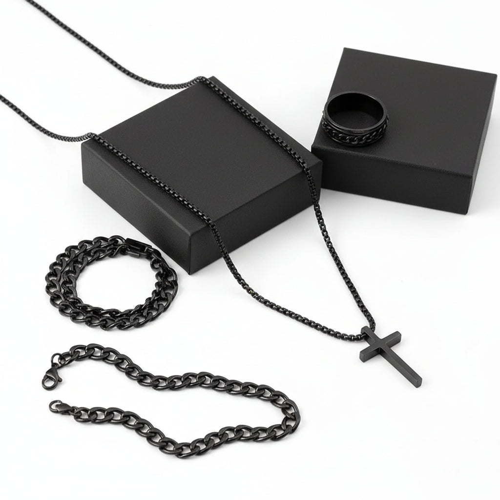 Men’s Cross Jewelry Set – Black Necklace Ring Bracelet Fashion Accessories Gift Set