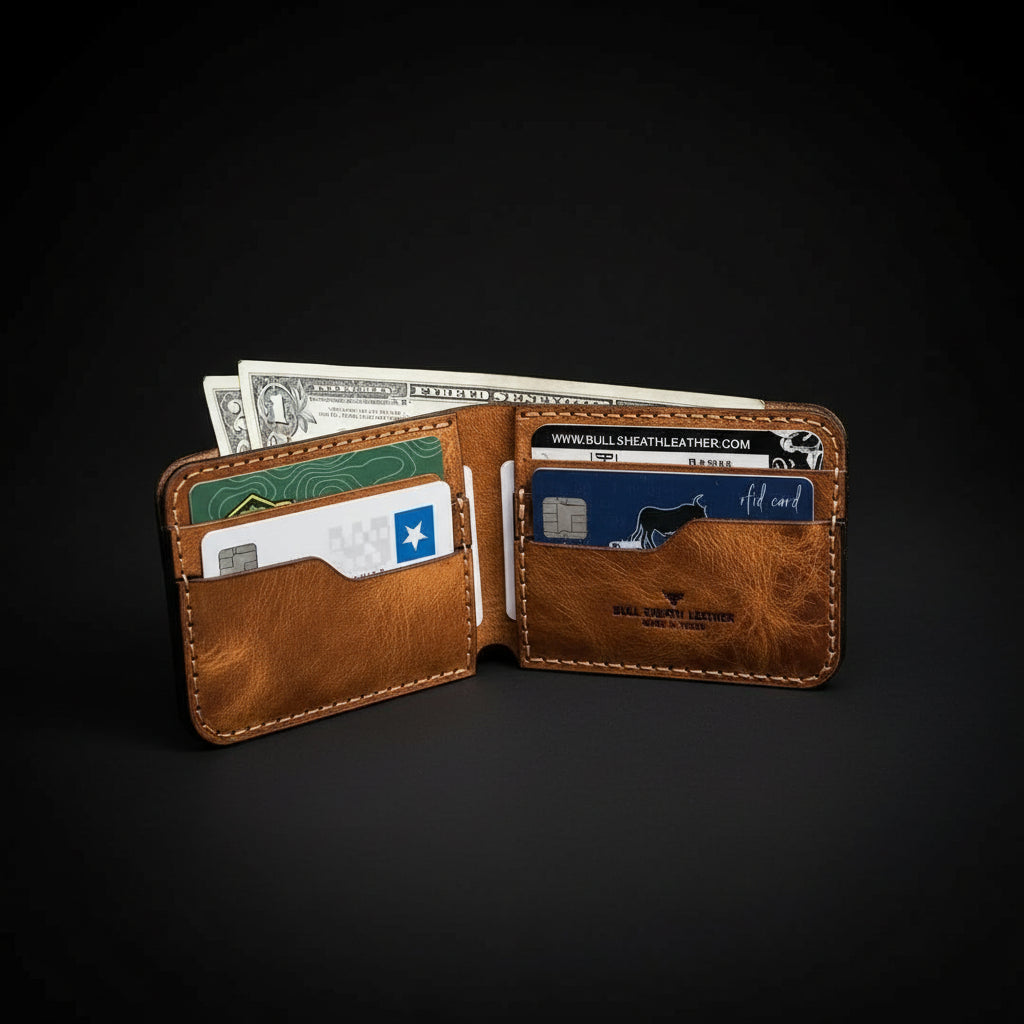 Handmade tan leather bifold wallet with stitched edges on black background, premium minimalist men’s wallet by Hadi Craft USA