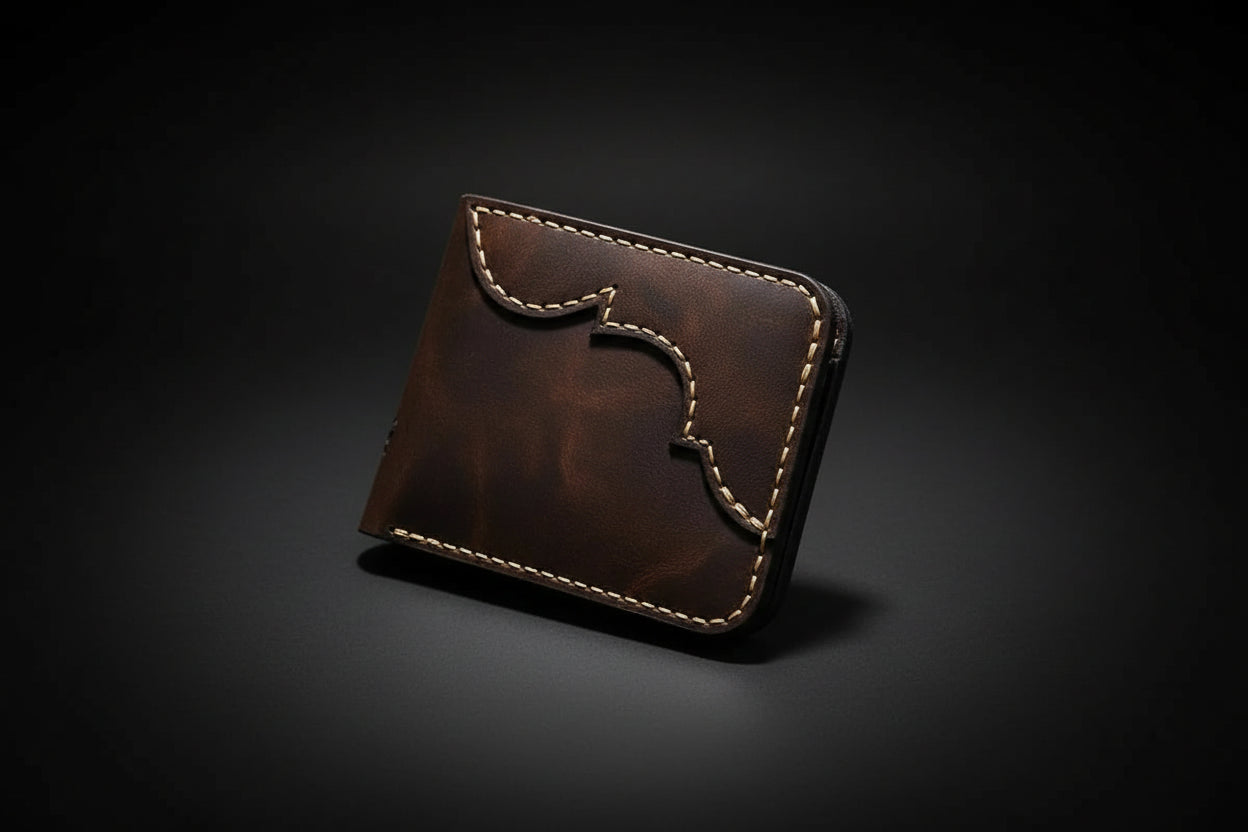 Handmade tan leather bifold wallet with stitched edges on black background, premium minimalist men’s wallet by Hadi Craft USA