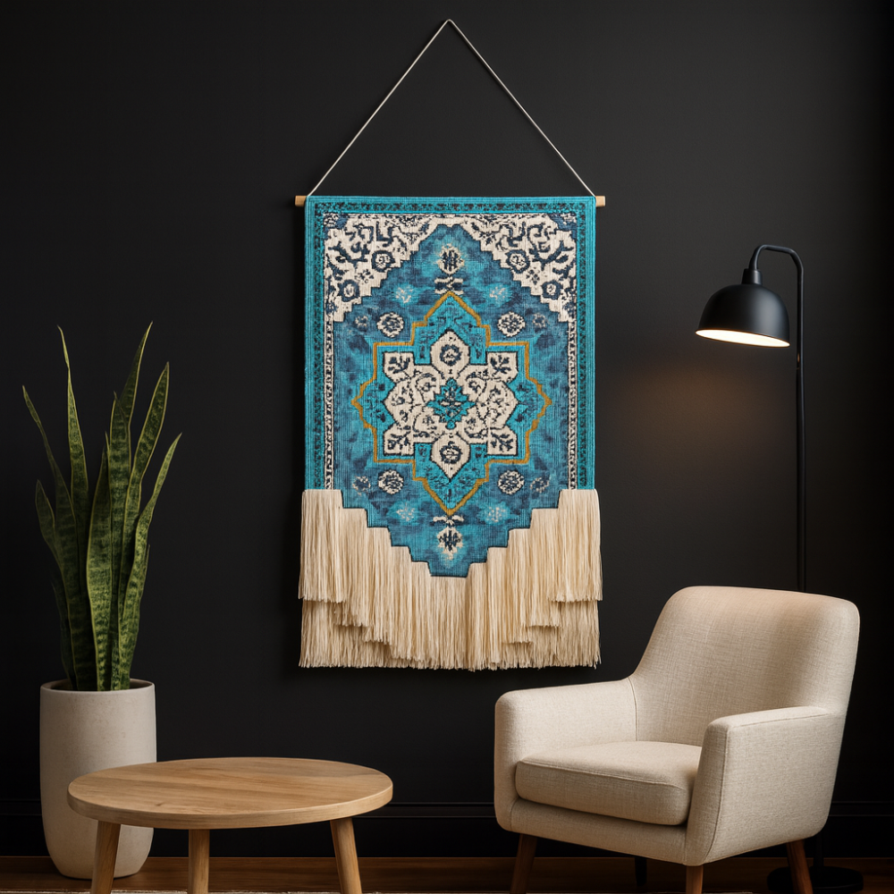 Aqua & Ivory Floral Macrame Wall Hanging, Blue Cotton Woven Flower Tapestry